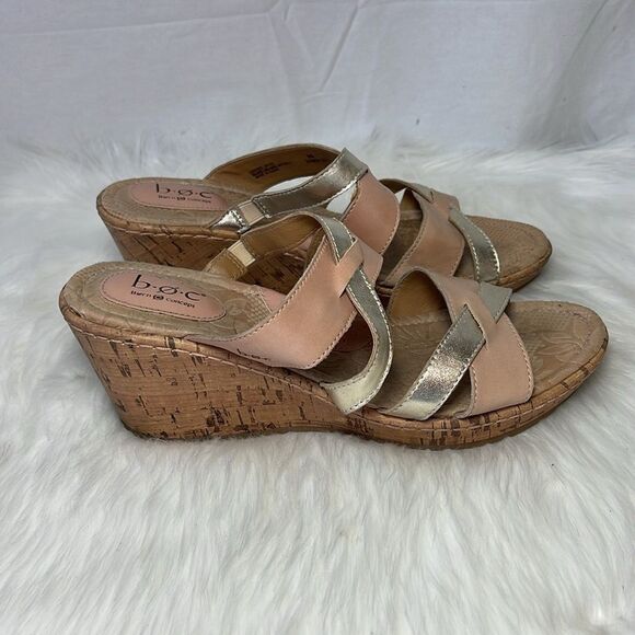 Born BOC Blush/Metallic Leather Strappy Cork Wedge Slides Mules Sz 9 - Picture 4 of 8
